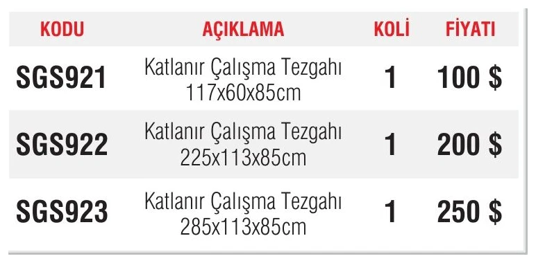 Katlanır Çalışma Tezgahı 225x113x85cm
