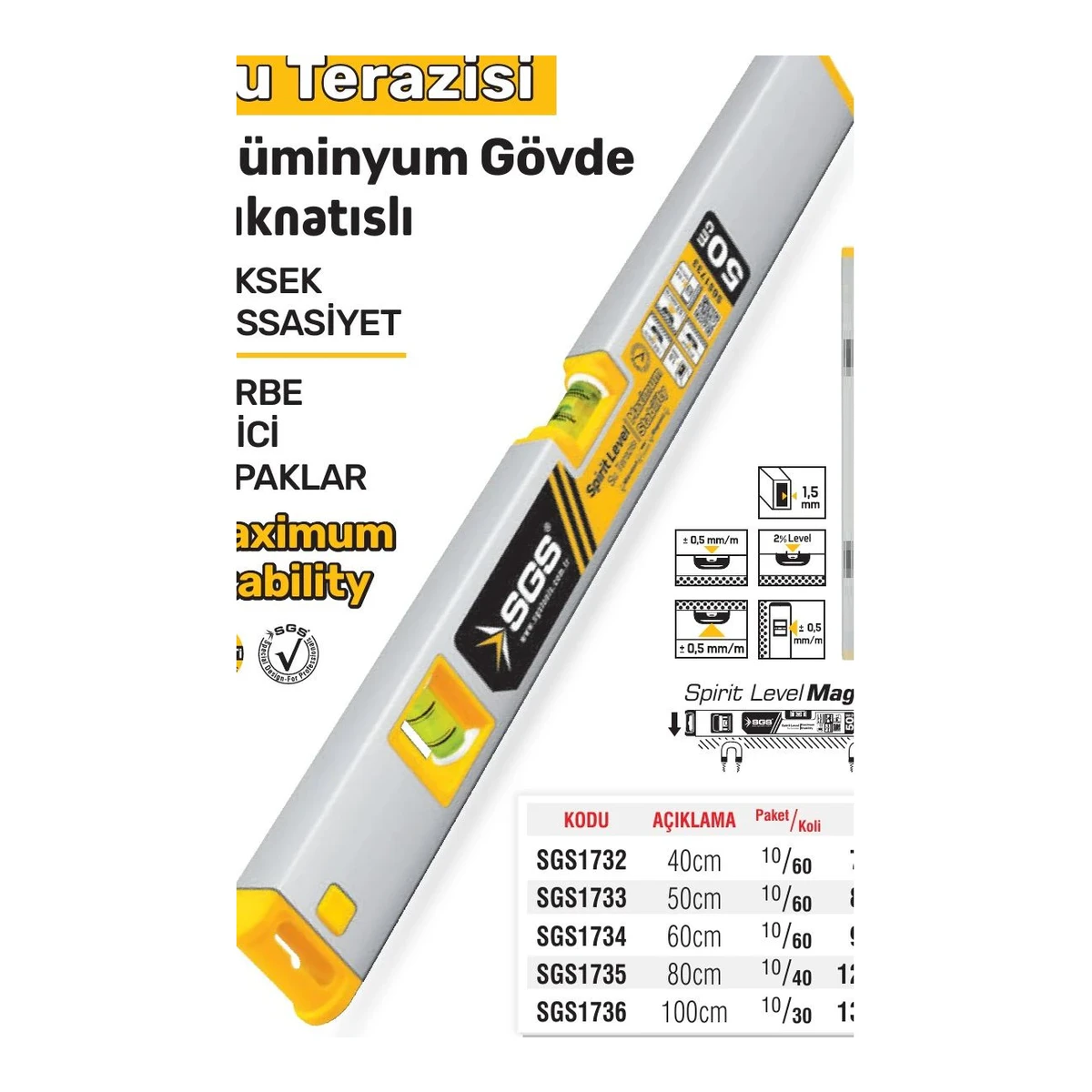 Su Terazisi Alüminyum Gövde Mıknatıslı 100cm