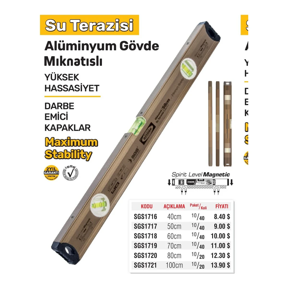 Su Terazisi Alüminyum Gövde Mıknatıslı 100cm