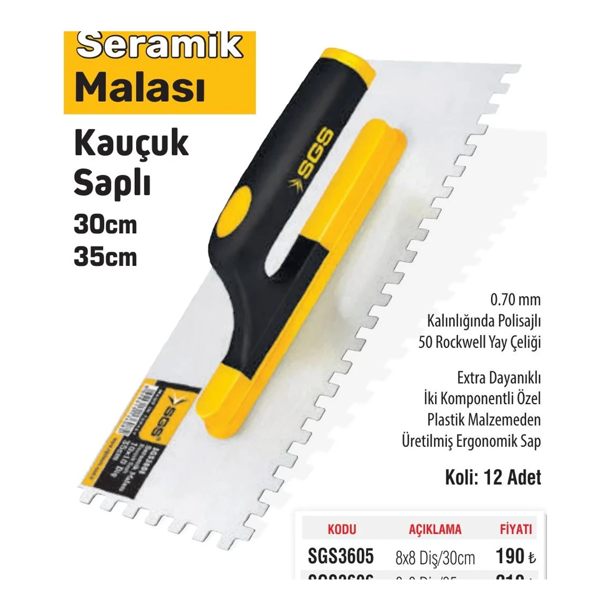 Seramik Malası Kauçuk Saplı 10x10 Diş/30cm
