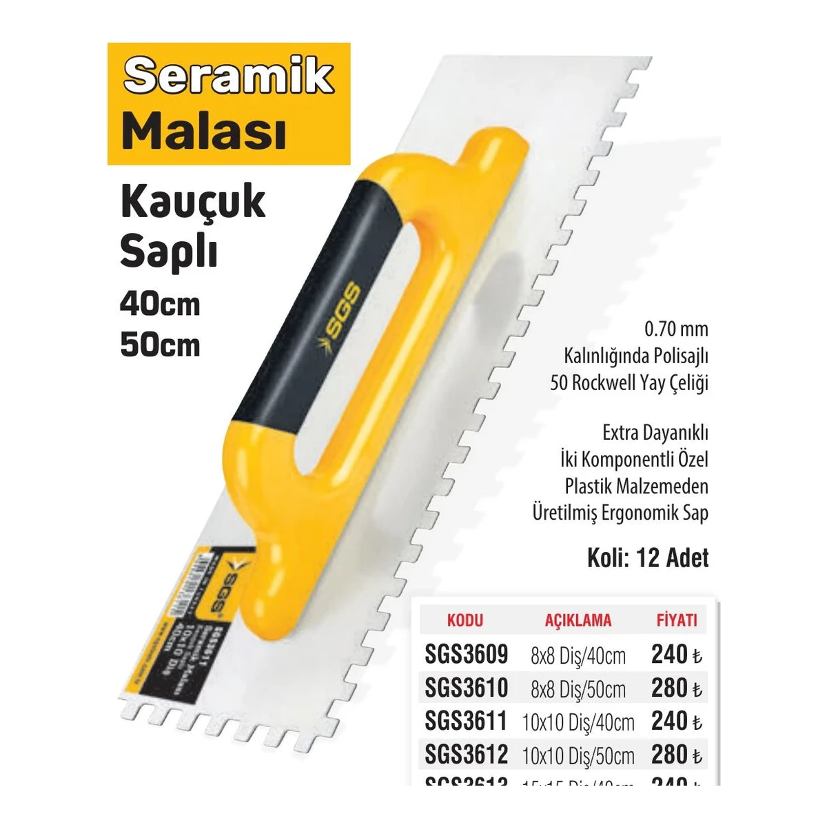 Seramik Malası Kauçuk Saplı 10x10 Diş/40cm