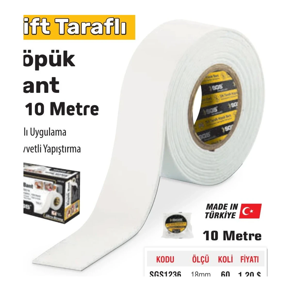 Çift Taraflı Köpük Bant 10 Metre 18mm