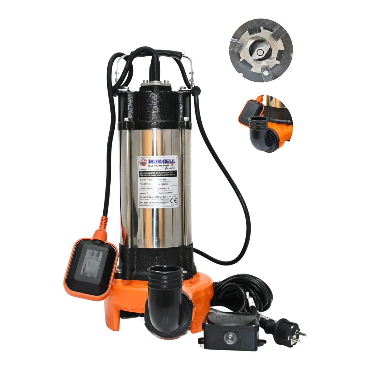V1100df Bıçaklı Bakır Sargılı Drenaj Pompası Çift Termik Korumalı 1.1kw 1.5hp