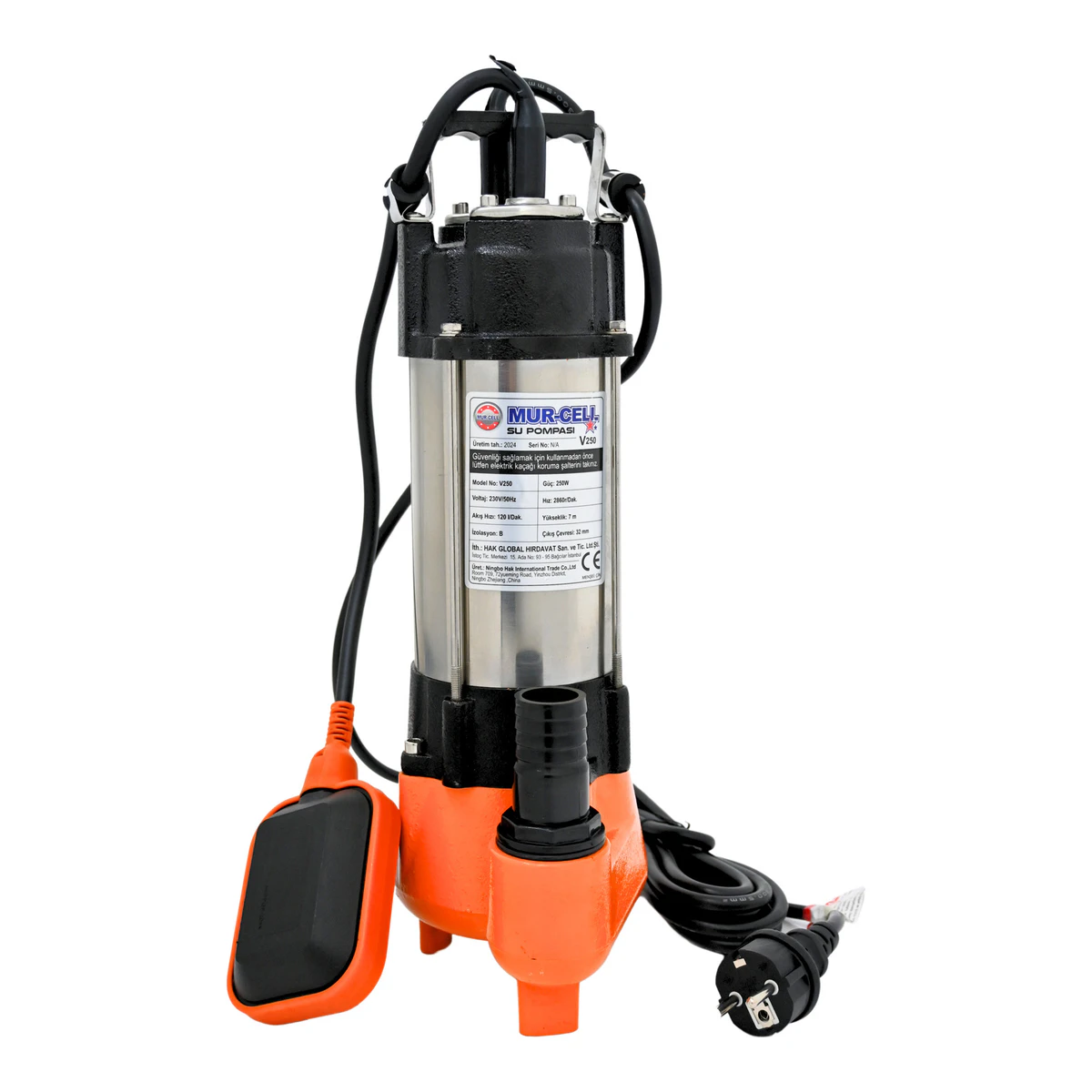 V250f Bıçaksız Drenaj Pompası Bakır Sargılı Termik Korumalı Sargı 0.25kw 0.33hp