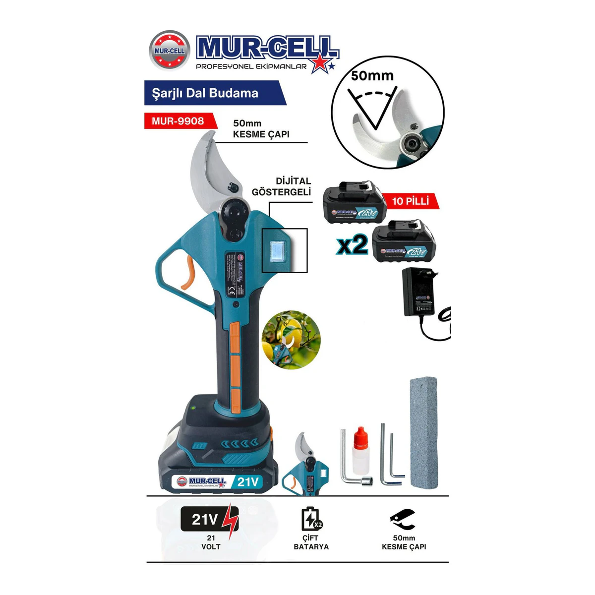 Murcelll Dal Budama Makası 21v 3ah 50mm Kesme Çaplı Çelik Bıçak