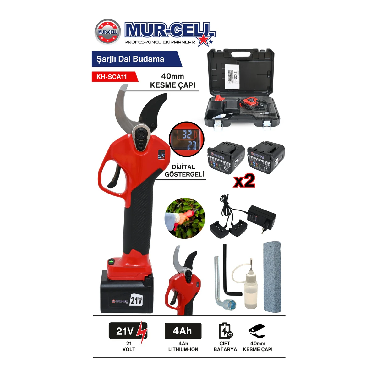 KH-SCA11 Dijital Göstergeli Çİft Bataryalı Makas ÇApı 40mm 21V 4Ah Şarjlı Dal Budama Makası