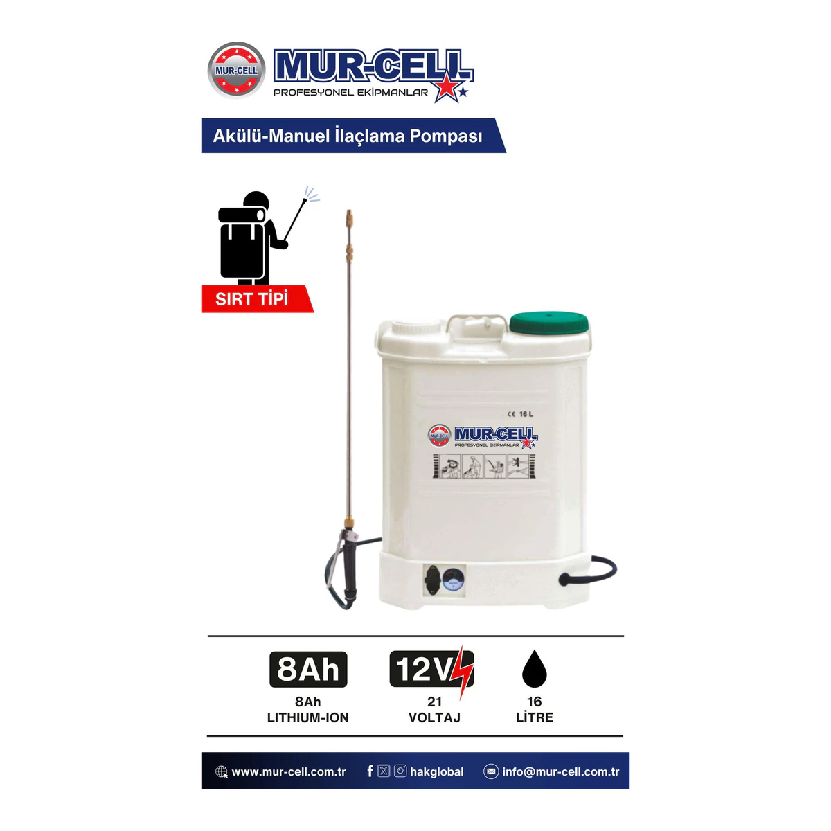HX-16C 16 Litre Akülü İlaçlama Pompası Sırt Tipi Şarjlı İlaçlama Püskürtme