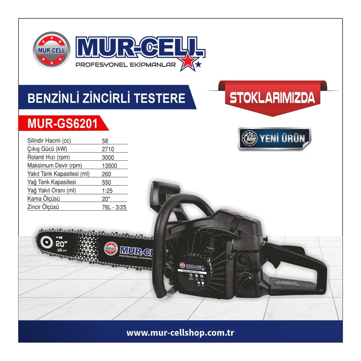 MUR-GS6201 BENZİNLİ ZİNCİRLİ TESTERE ODUN KESME HIZAR MAKİNESİ SİYAH