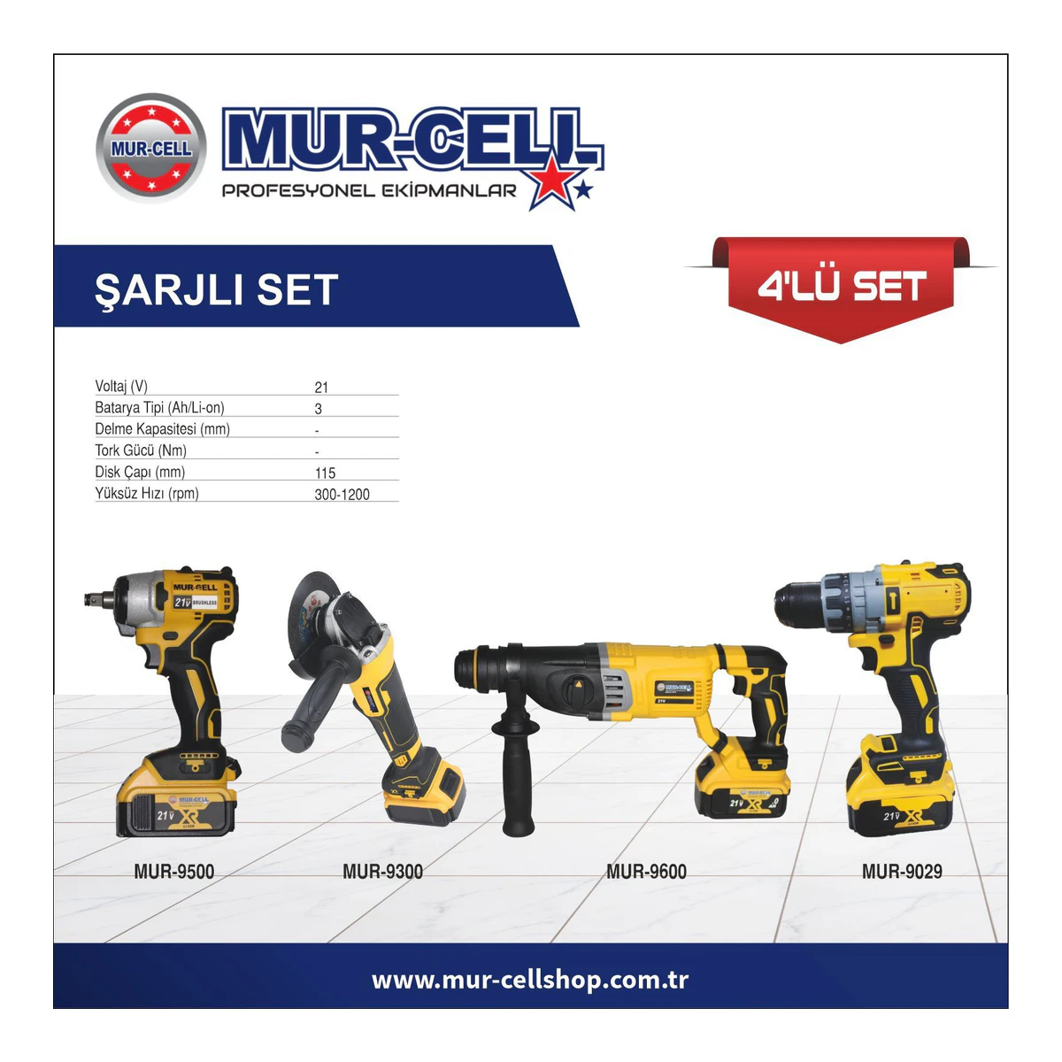 Şarjlı 4'lü Muhteşem Set 13 MM Matkap - 115 MM Taşlama - 450 NM Somun Sökme - 2-26 Kırıcı Delici Sarı