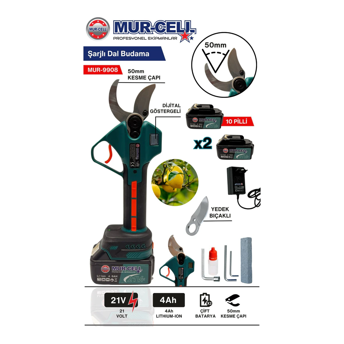 21V 3AH 10 PİLLİ KÖMÜRSÜZ 50 ML ÇELİK BIÇAKLI DAL BUDAMA MAKASI