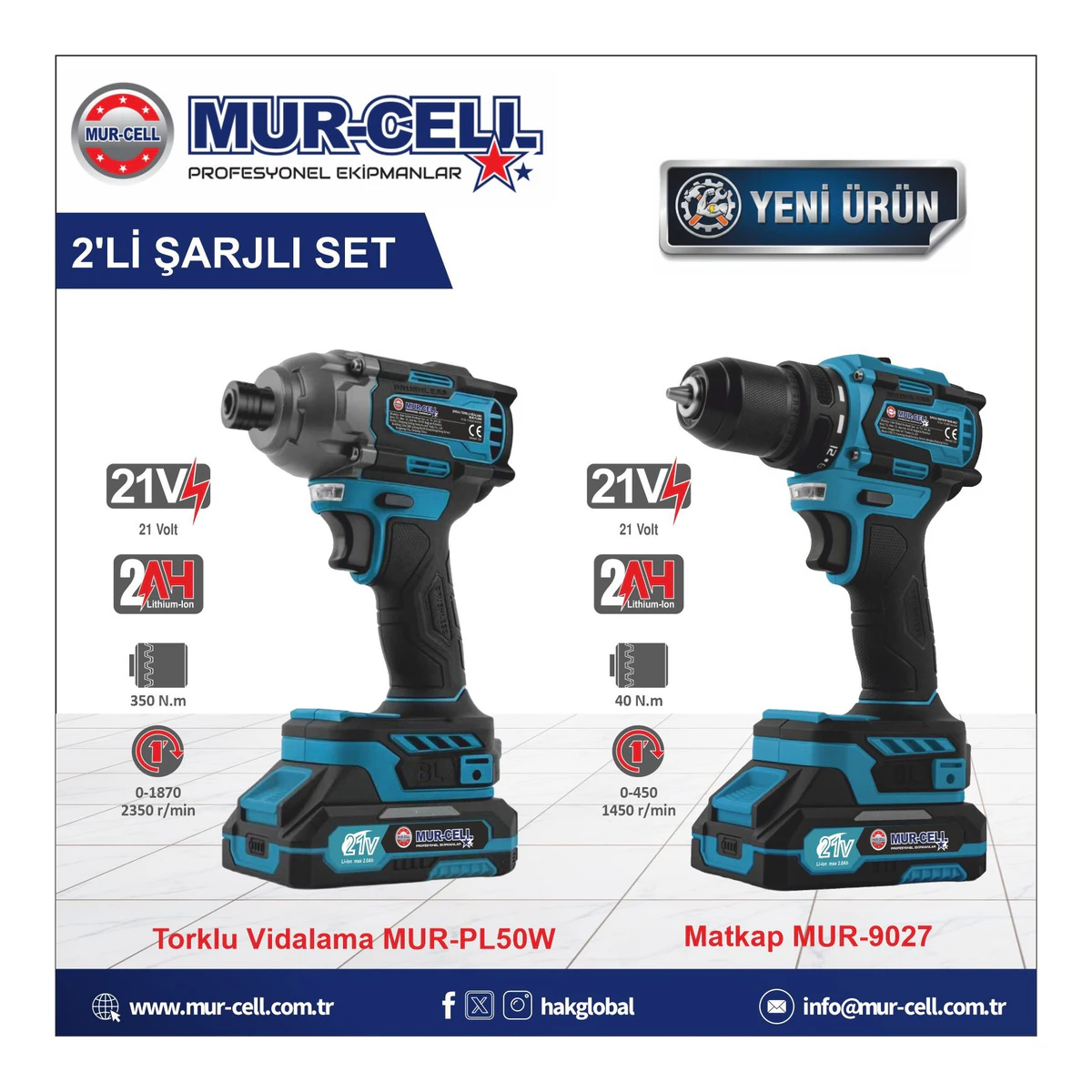 MUR-CELL 21V 2AH KÖMÜRSÜZ 280 NM TORKLU SOMUN SIKMA SÖKME AKÜLÜ MATKAP ŞARJLI VİDALAMA 2'Lİ SET